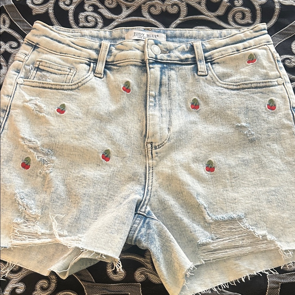 Judy Blue Light Blue Denim Shorts with Cherry Details